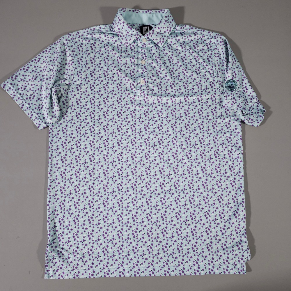 FootJoy Polo Shirt Mens Medium Blue Purple Floral Pease Golf Course Short Sleeve